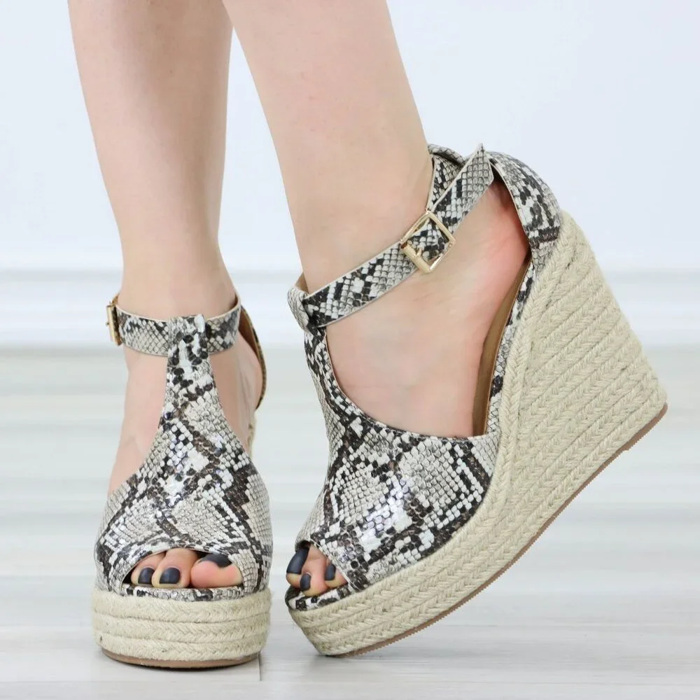 Faux Snakeskin Wedge Sandals Ankle Strap Espadrille Platform Buckle Closure